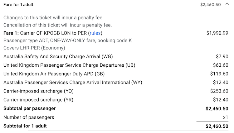 London to perth fare break down on ITA Matrix